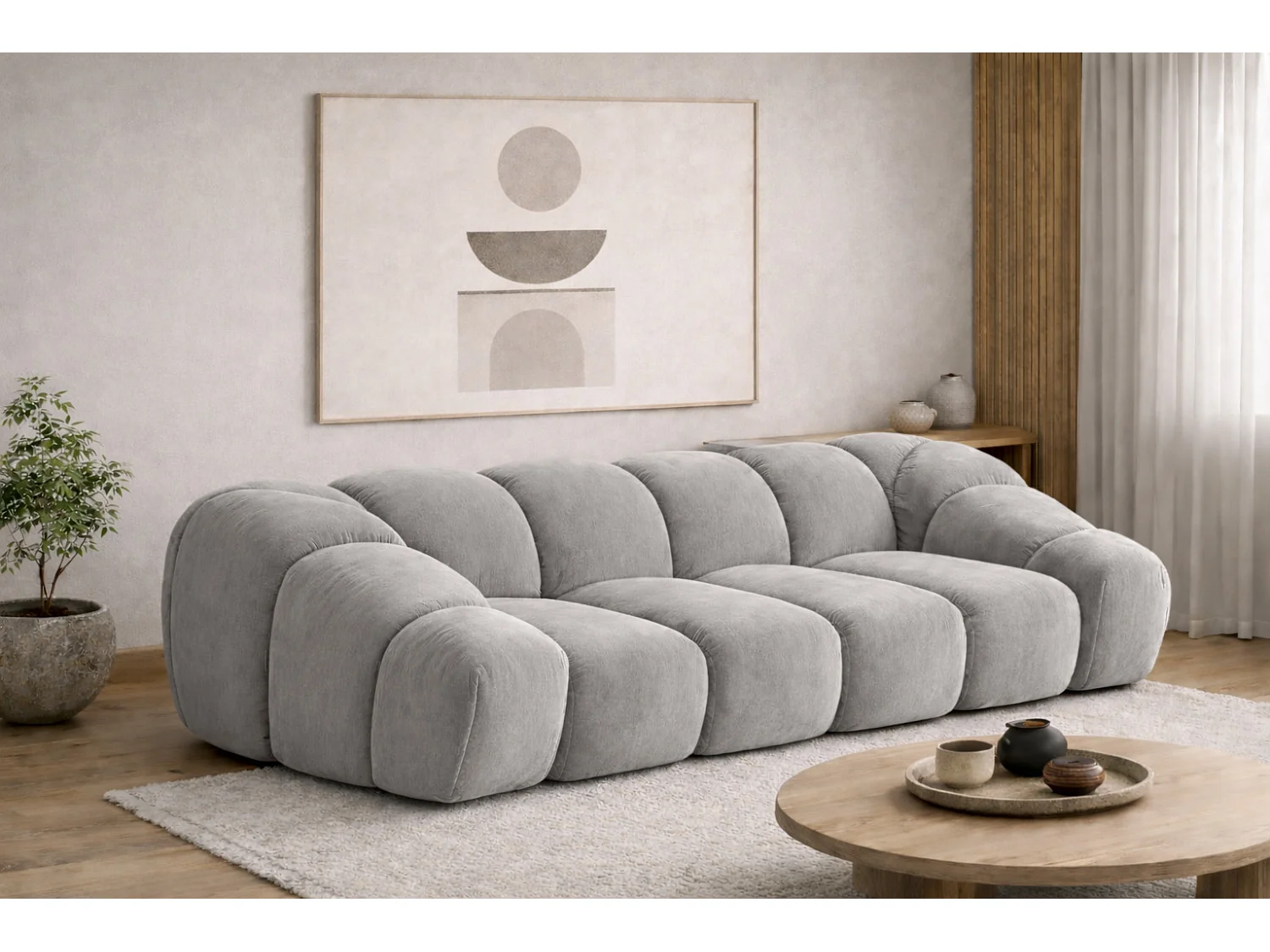 Canapé 3 places modulaire, tissu velours Bluvel, gris, CROISSANT