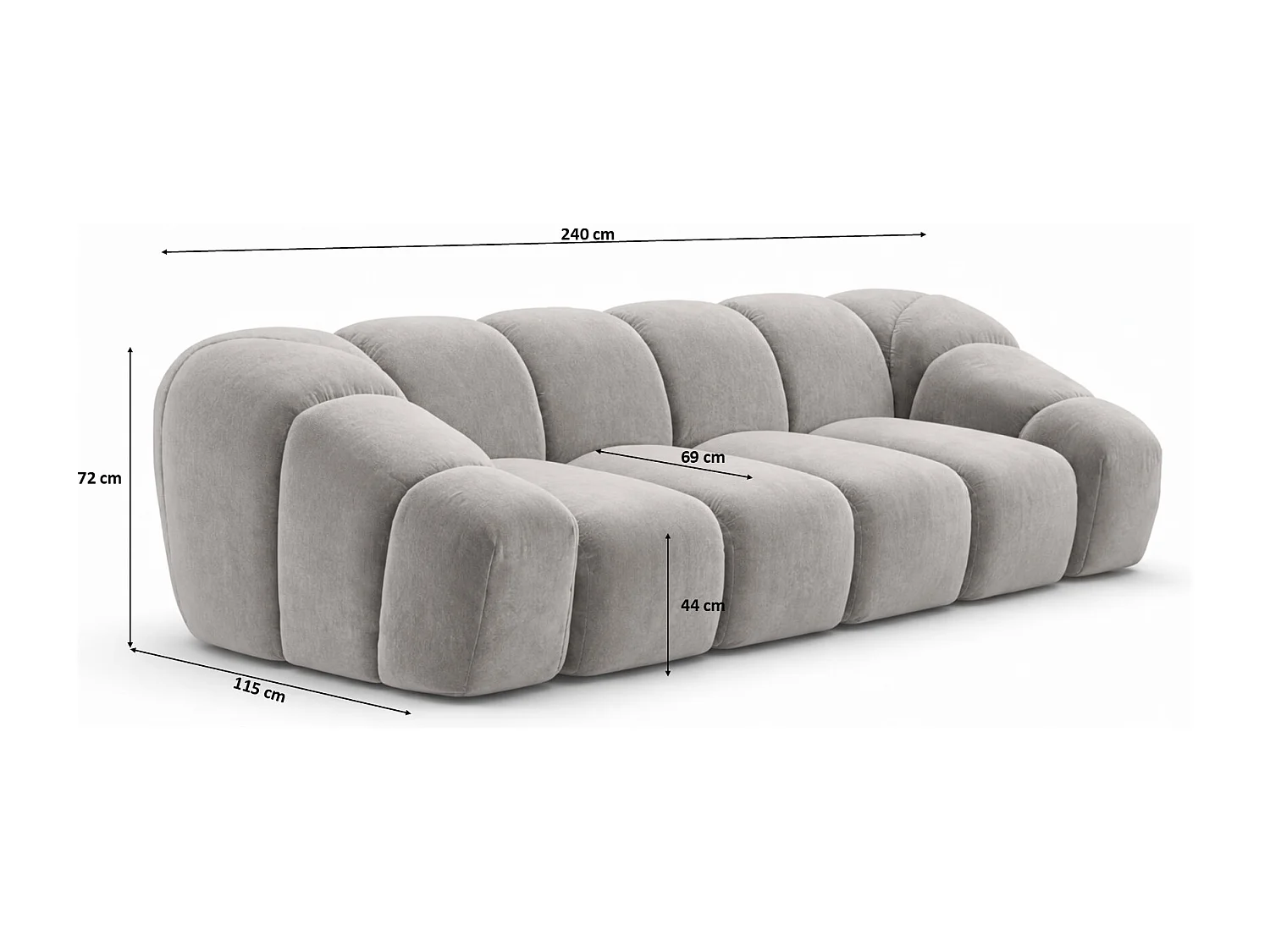 Canapé 3 places modulaire, tissu velours Bluvel, gris, CROISSANT