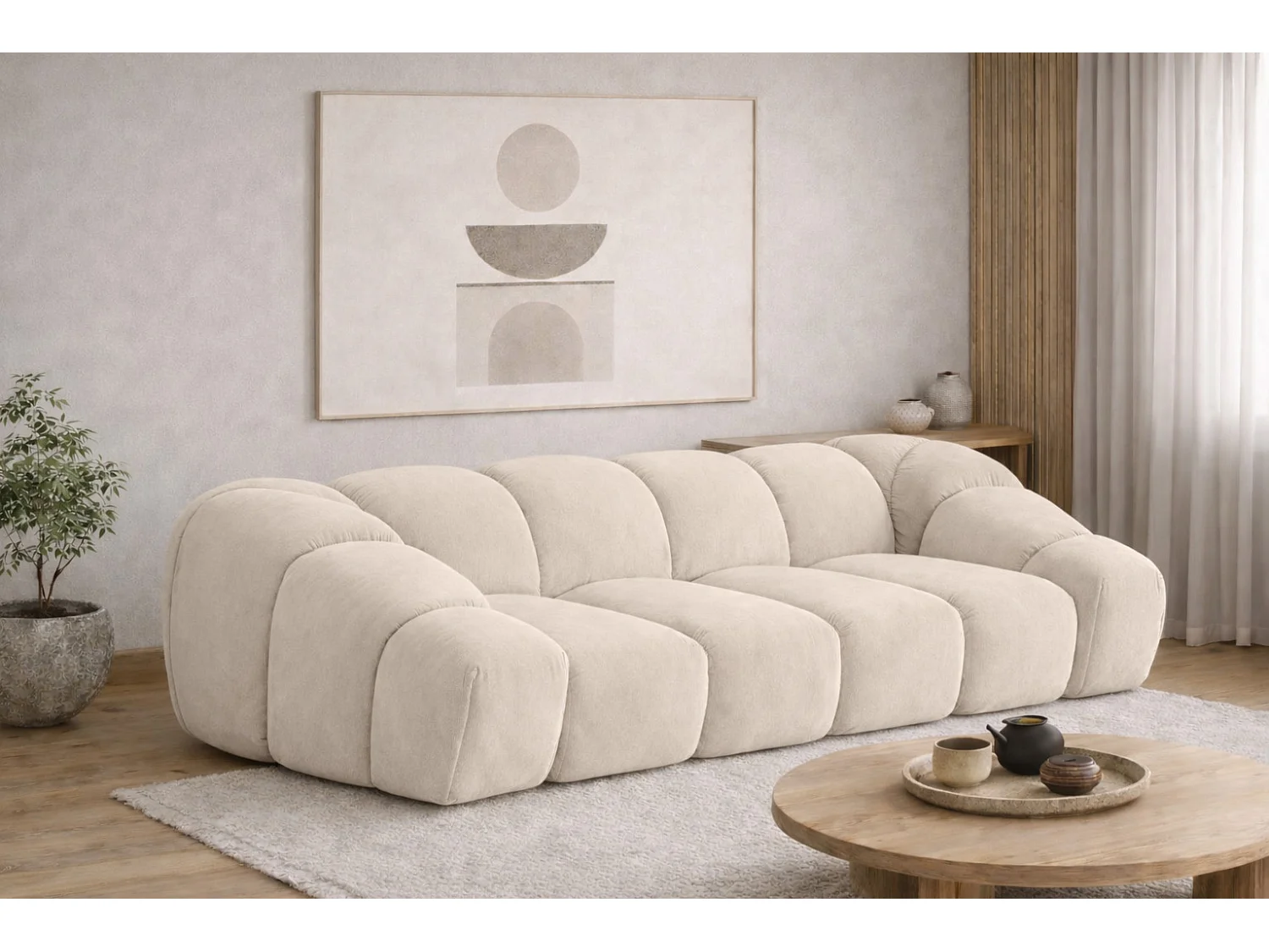 Canapé 3 places modulaire, tissu velours Bluvel, crème, CROISSANT