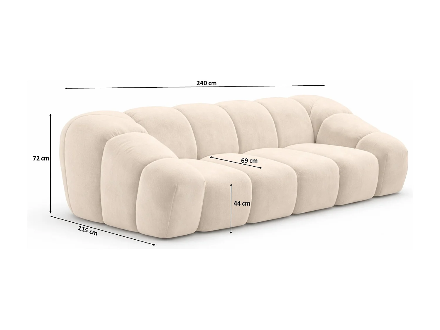 Canapé 3 places modulaire, tissu velours Bluvel, crème, CROISSANT