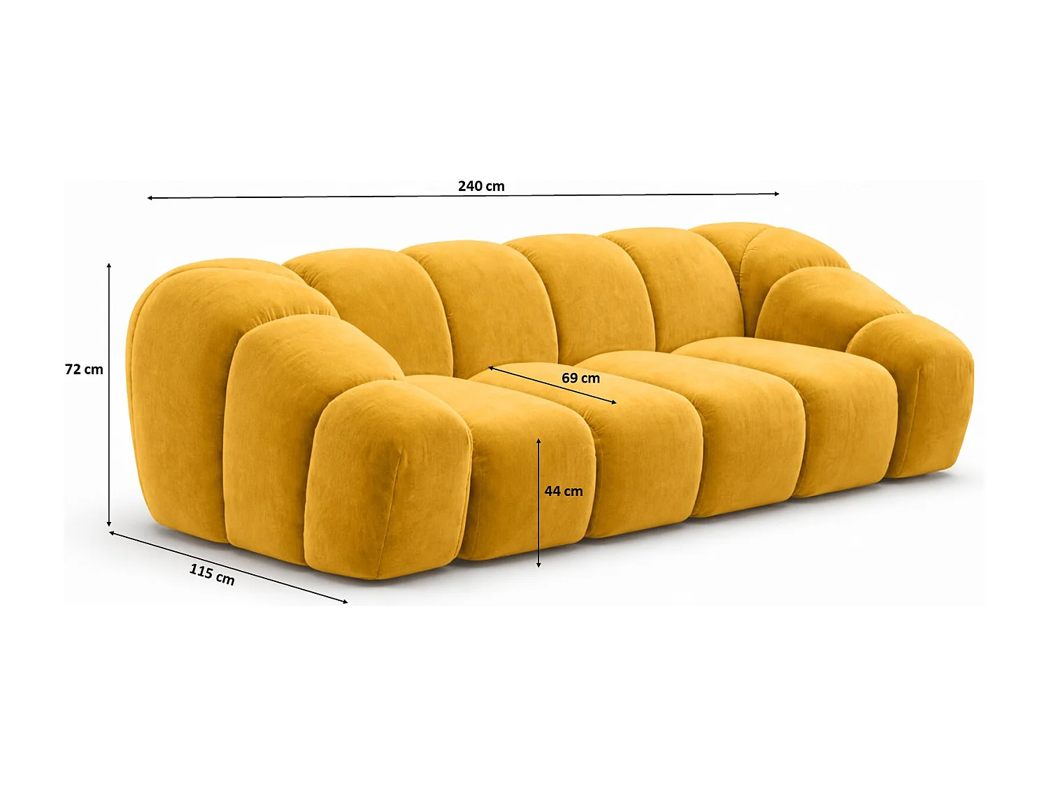 Canapé 3 places modulaire, tissu velours Bluvel, doré, CROISSANT