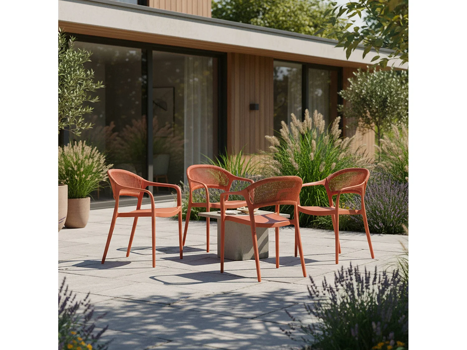 Chaise de jardin empilable avec effet corde terracotta (lot de 4) - Jovia