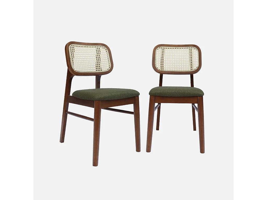 Set 2 sedie bohemien in legno di hevea e impagliatura, verde kaki