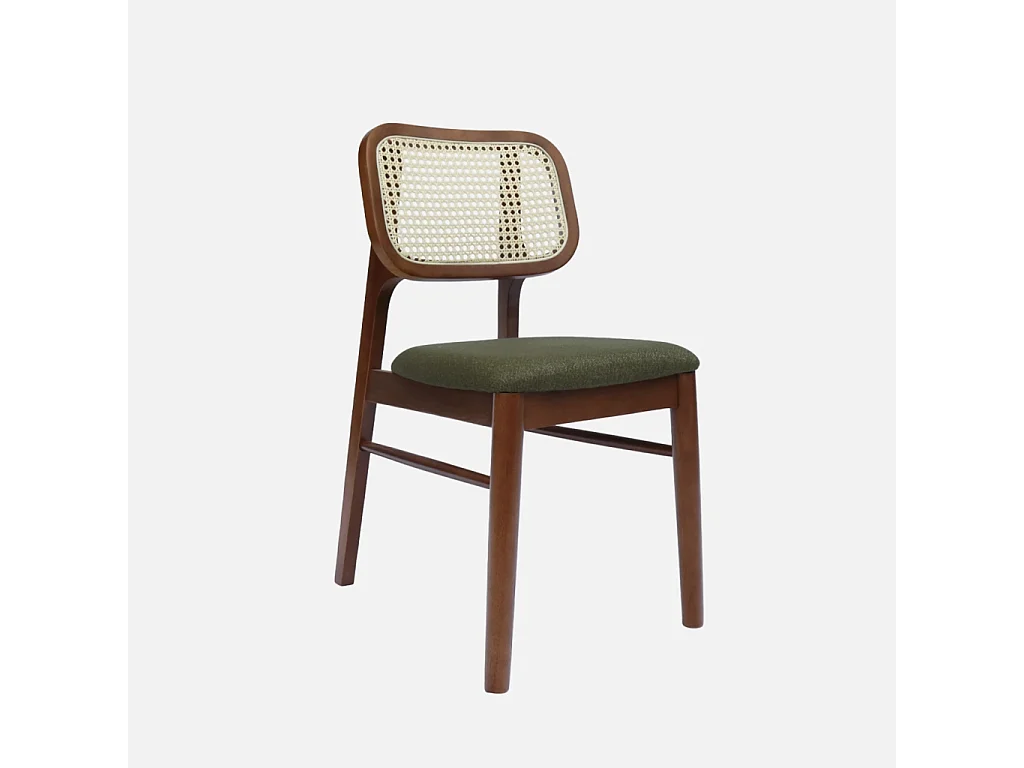 Set 2 sedie bohemien in legno di hevea e impagliatura, verde kaki