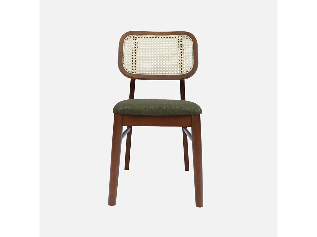 Set 2 sedie bohemien in legno di hevea e impagliatura, verde kaki