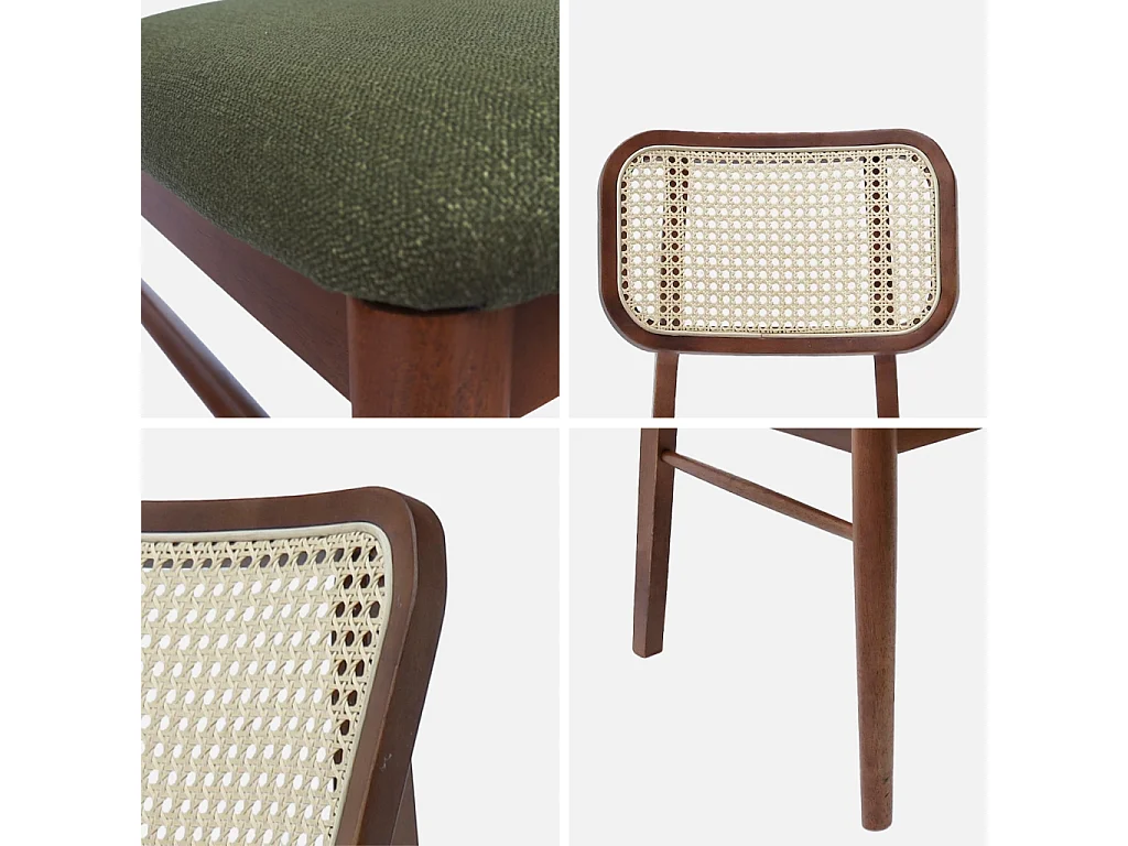 Set 2 sedie bohemien in legno di hevea e impagliatura, verde kaki