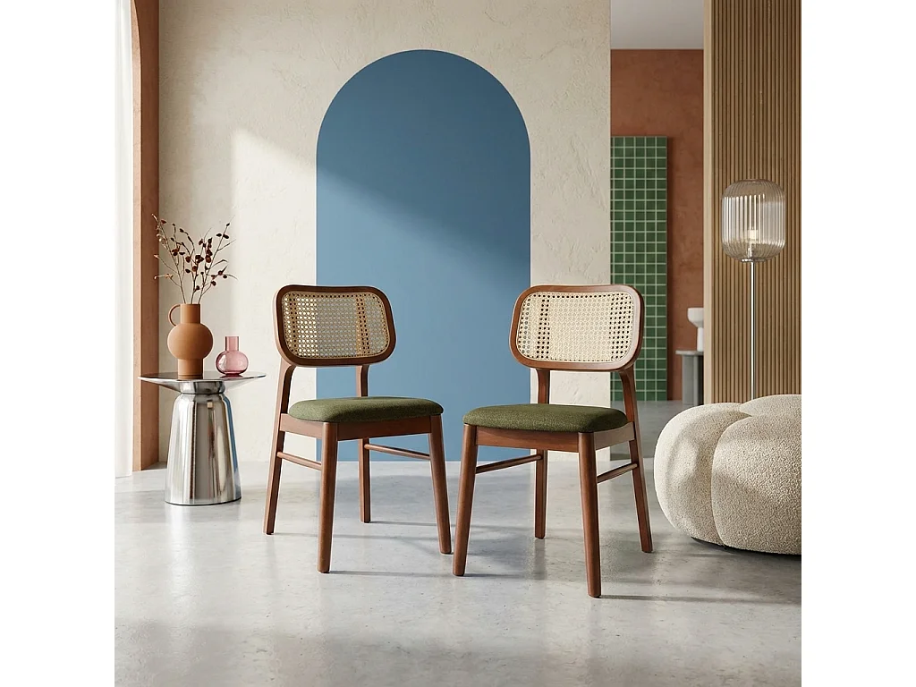 Set 2 sedie bohemien in legno di hevea e impagliatura, verde kaki