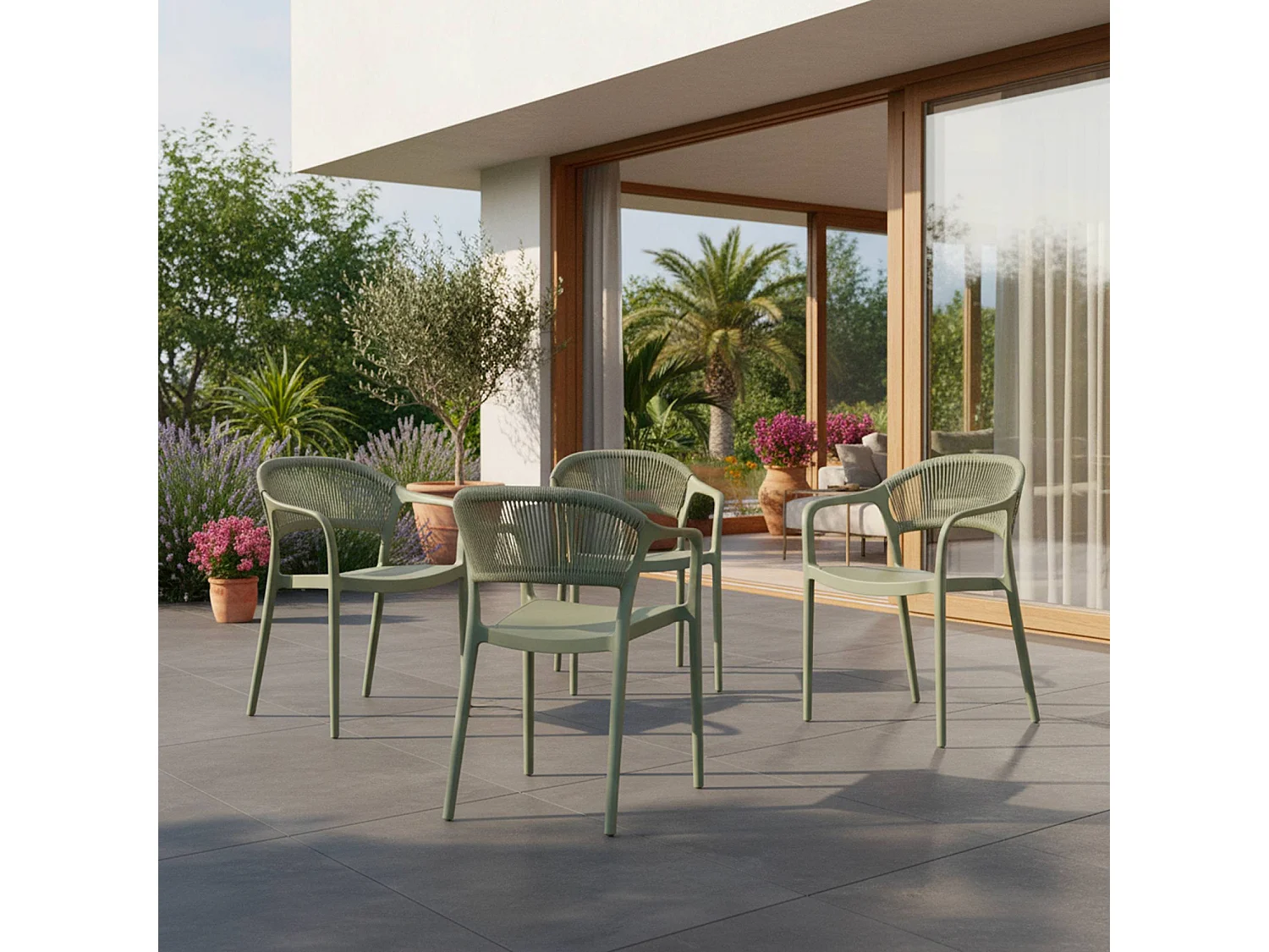 Chaise de jardin empilable avec effet corde vert de gris (lot de 4) - Jovia