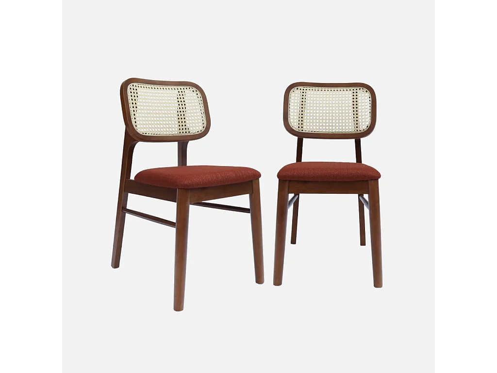 Set 2 sedie bohemien in legno di hevea e impagliatura, terracotta