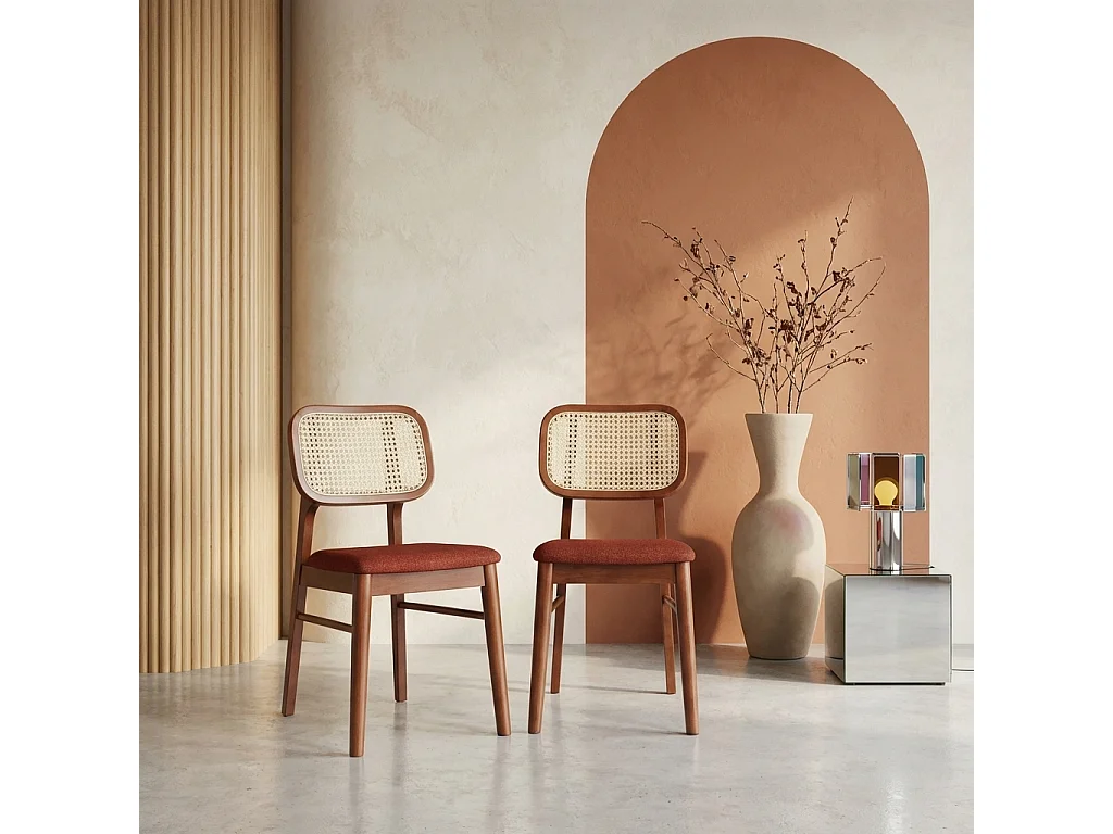 Set 2 sedie bohemien in legno di hevea e impagliatura, terracotta