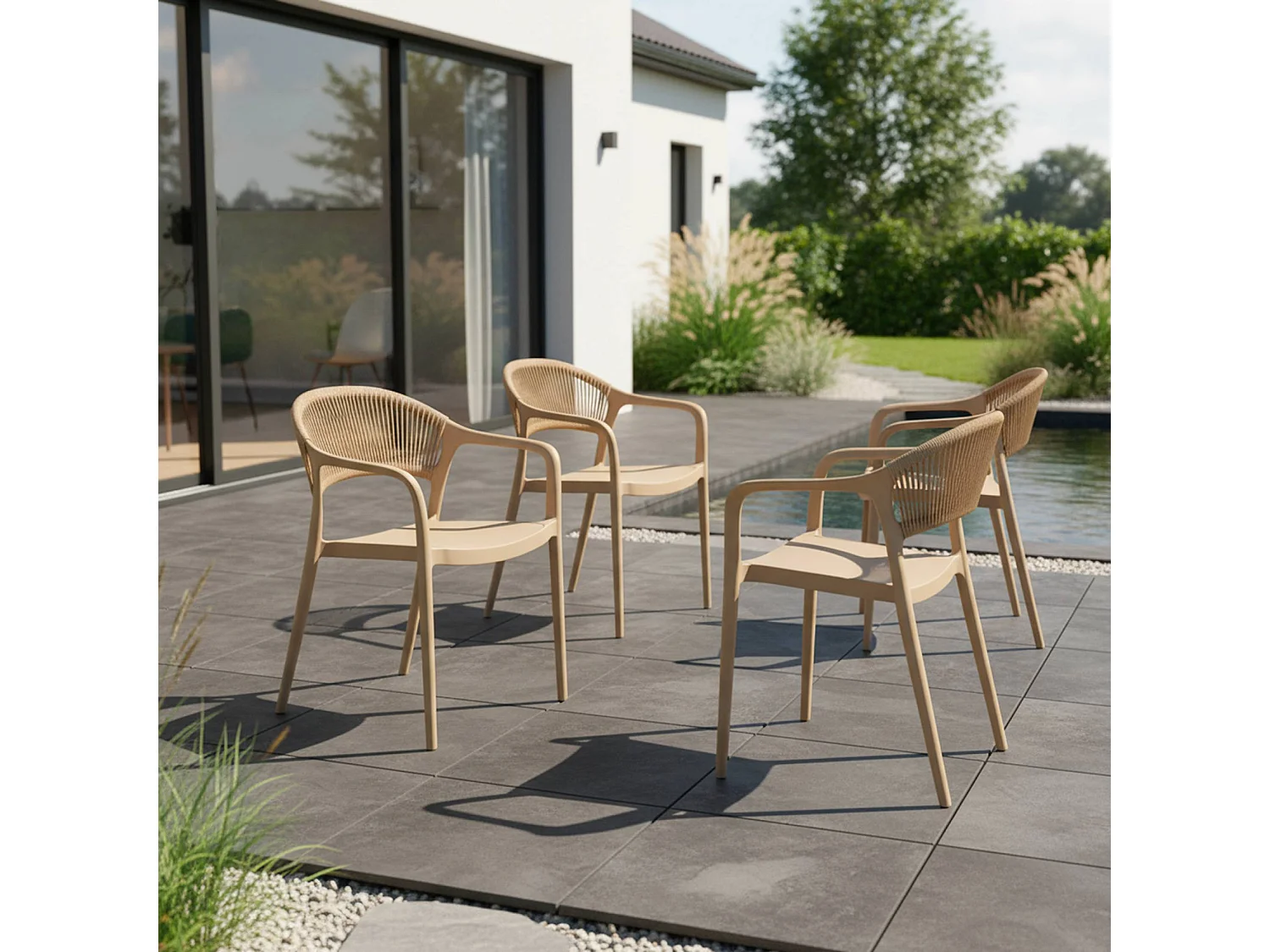 Chaise de jardin empilable avec effet corde beige (lot de 4) - Jovia