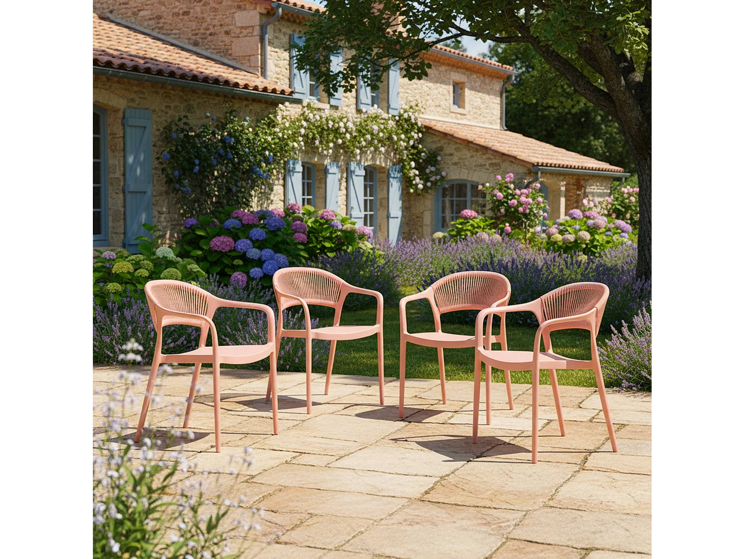 Chaise de jardin empilable avec effet corde rose (lot de 4) - Jovia