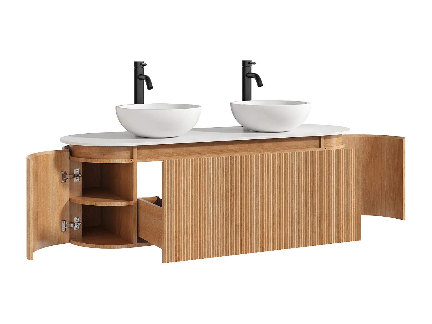 Meuble de salle de bain suspendu strié avec double vasque à poser ronde en solid surface et robinet – Naturel clair - L150 cm - LILIKO