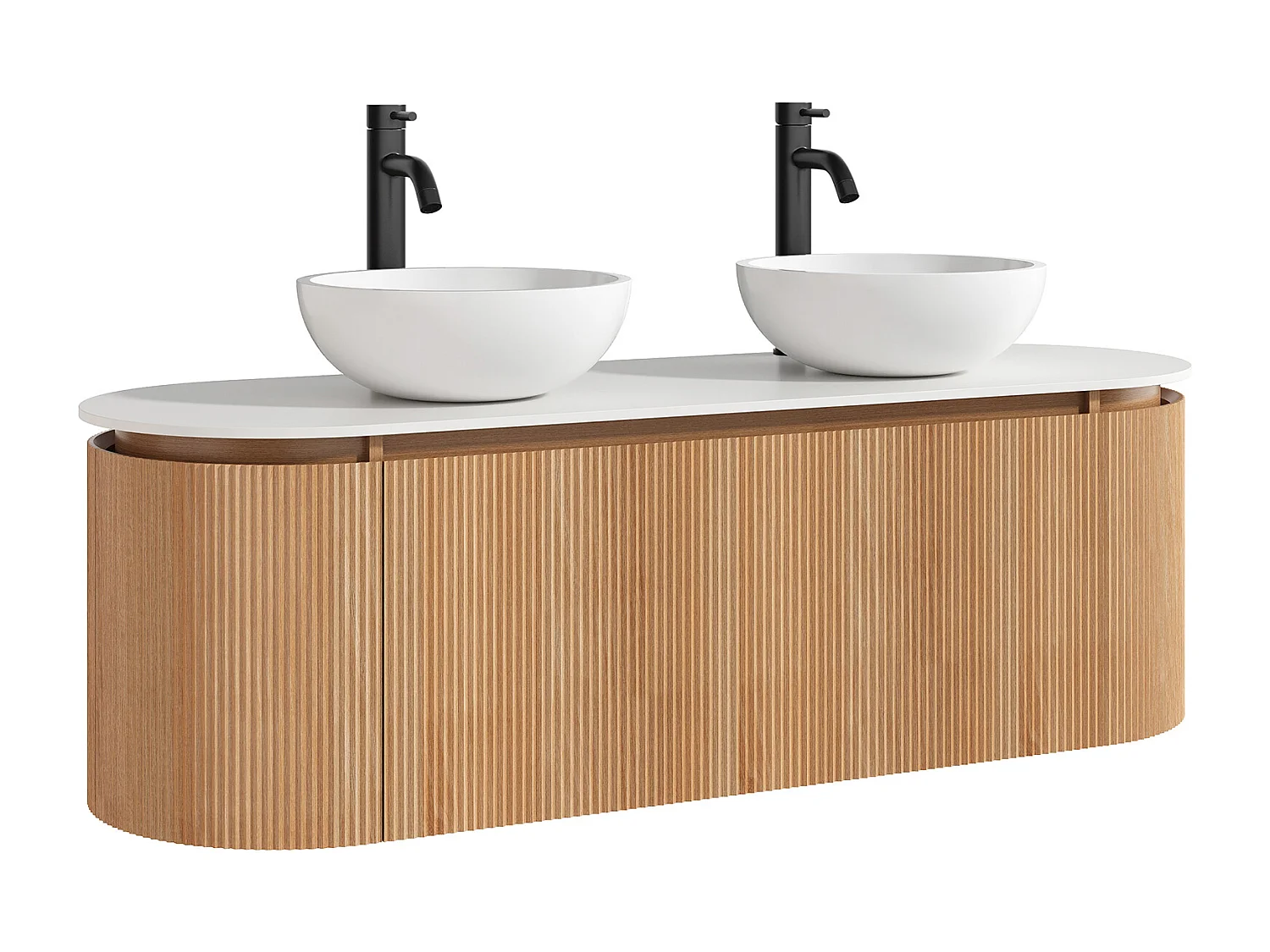 Meuble de salle de bain suspendu strié avec double vasque à poser ronde en solid surface et robinet – Naturel clair - L150 cm - LILIKO