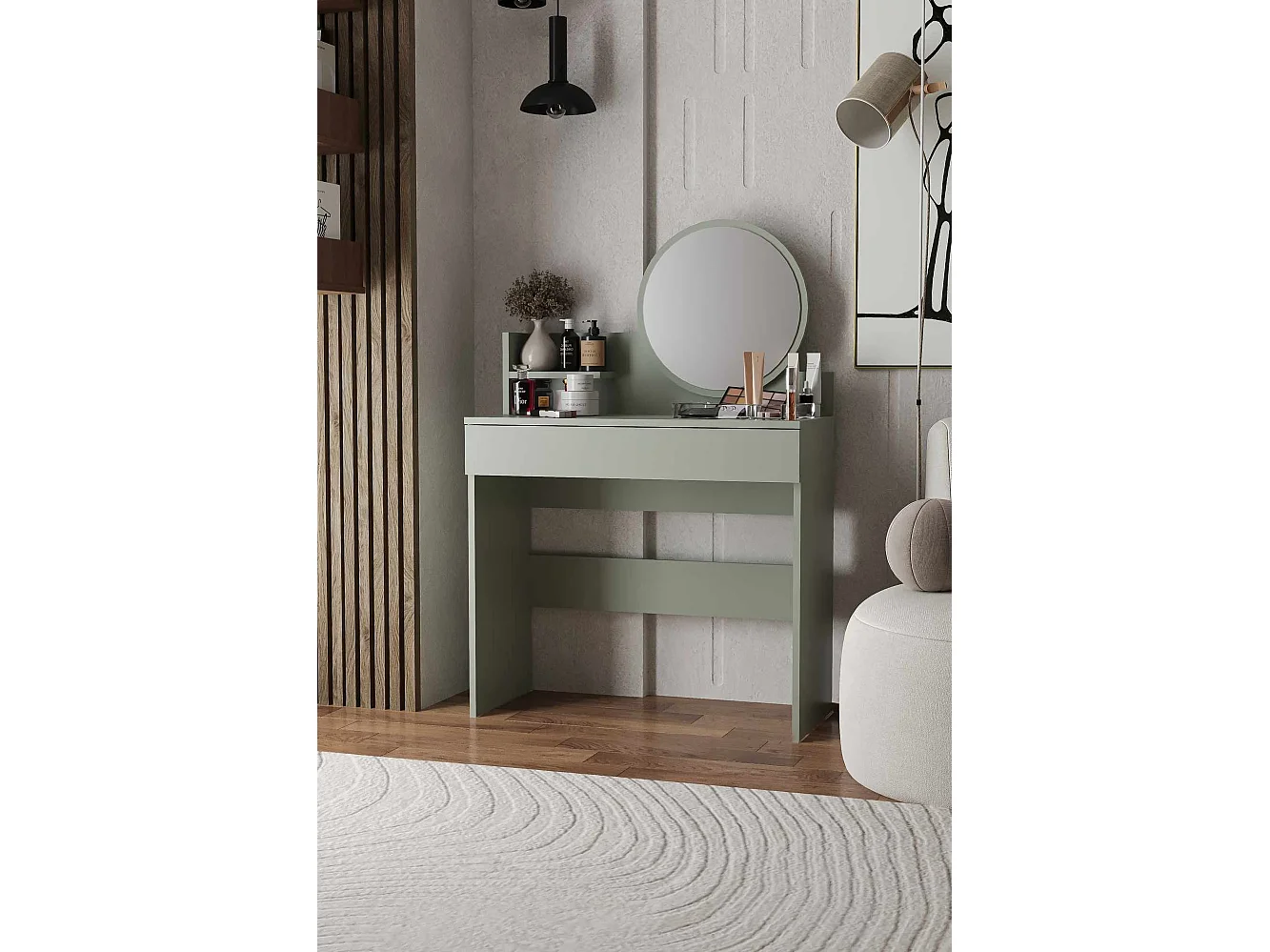 Grüne Holzfrisiertisch "Harmony Mini Round" mit Spiegel, Schublade mit 6 Fächern und Regal – 90x40x133 cm