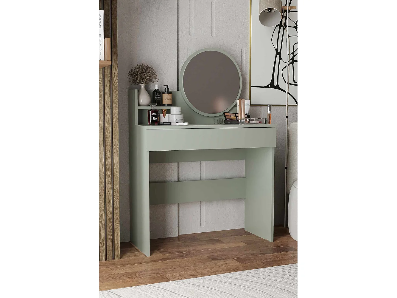 Grüne Holzfrisiertisch "Harmony Mini Round" mit Spiegel, Schublade mit 6 Fächern und Regal – 90x40x133 cm