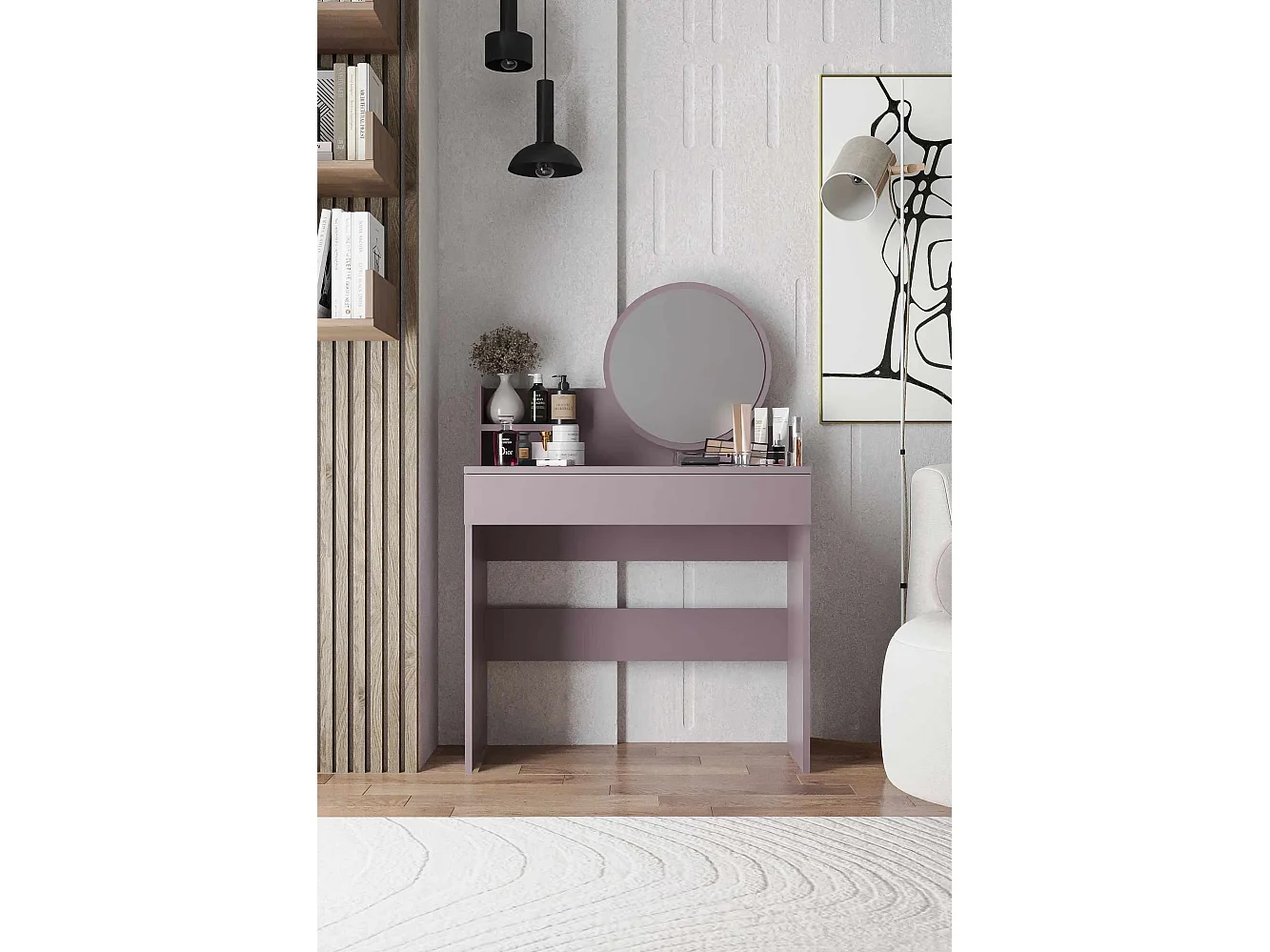 Coiffeuse avec miroir en bois "Harmony Mini Round" - 90 x 40 x 133 cm - Violet