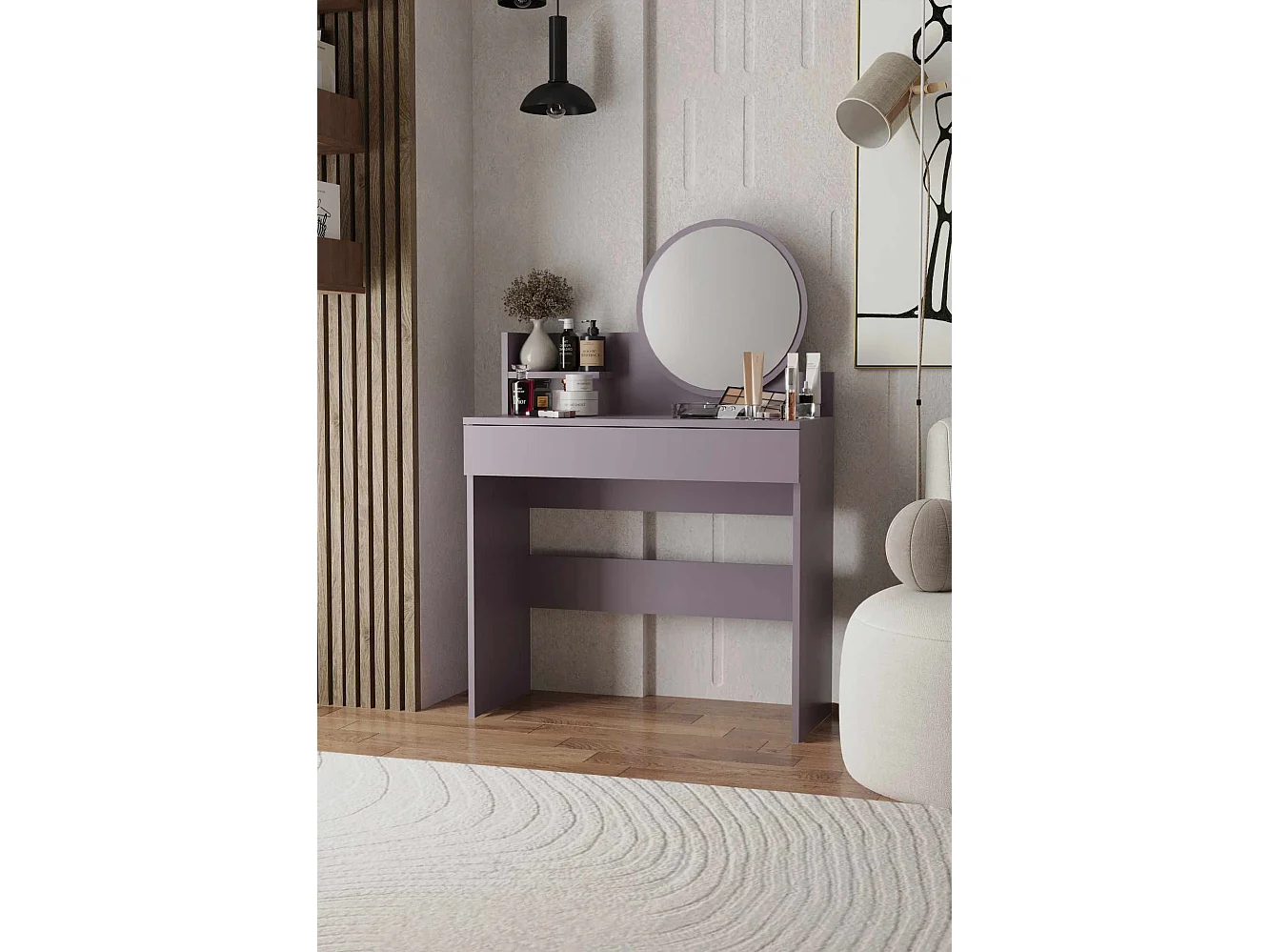 Coiffeuse avec miroir en bois "Harmony Mini Round" - 90 x 40 x 133 cm - Violet