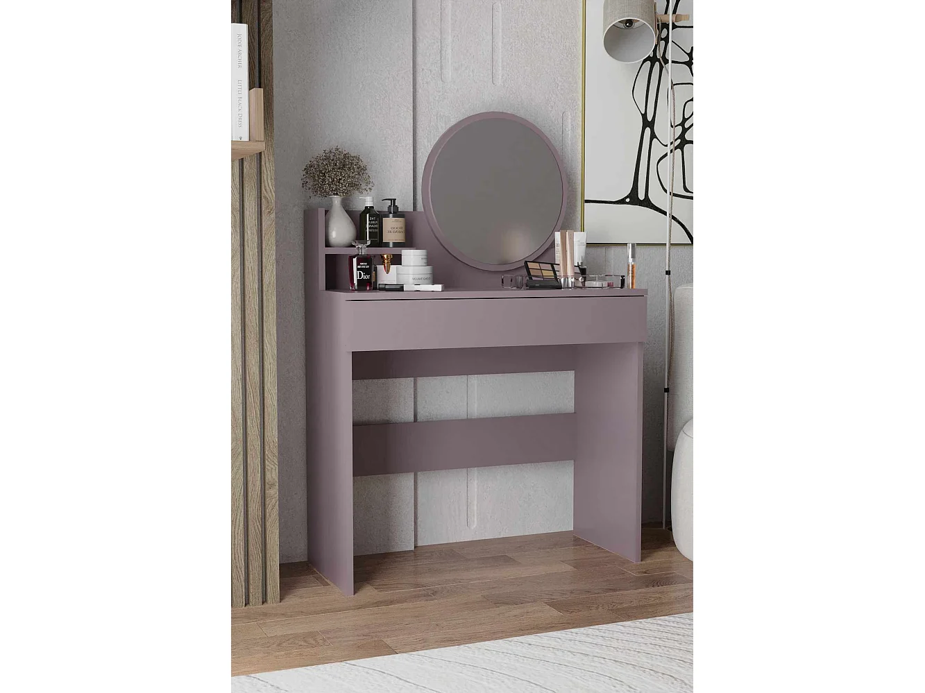 Coiffeuse avec miroir en bois "Harmony Mini Round" - 90 x 40 x 133 cm - Violet