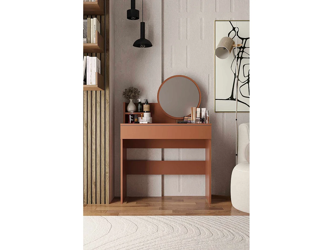 Schminktisch aus terrakottafarbenem Holz "Harmony Mini Round" mit Spiegel, Schublade mit 6 Fächern, Regal – 90x40x133 cm