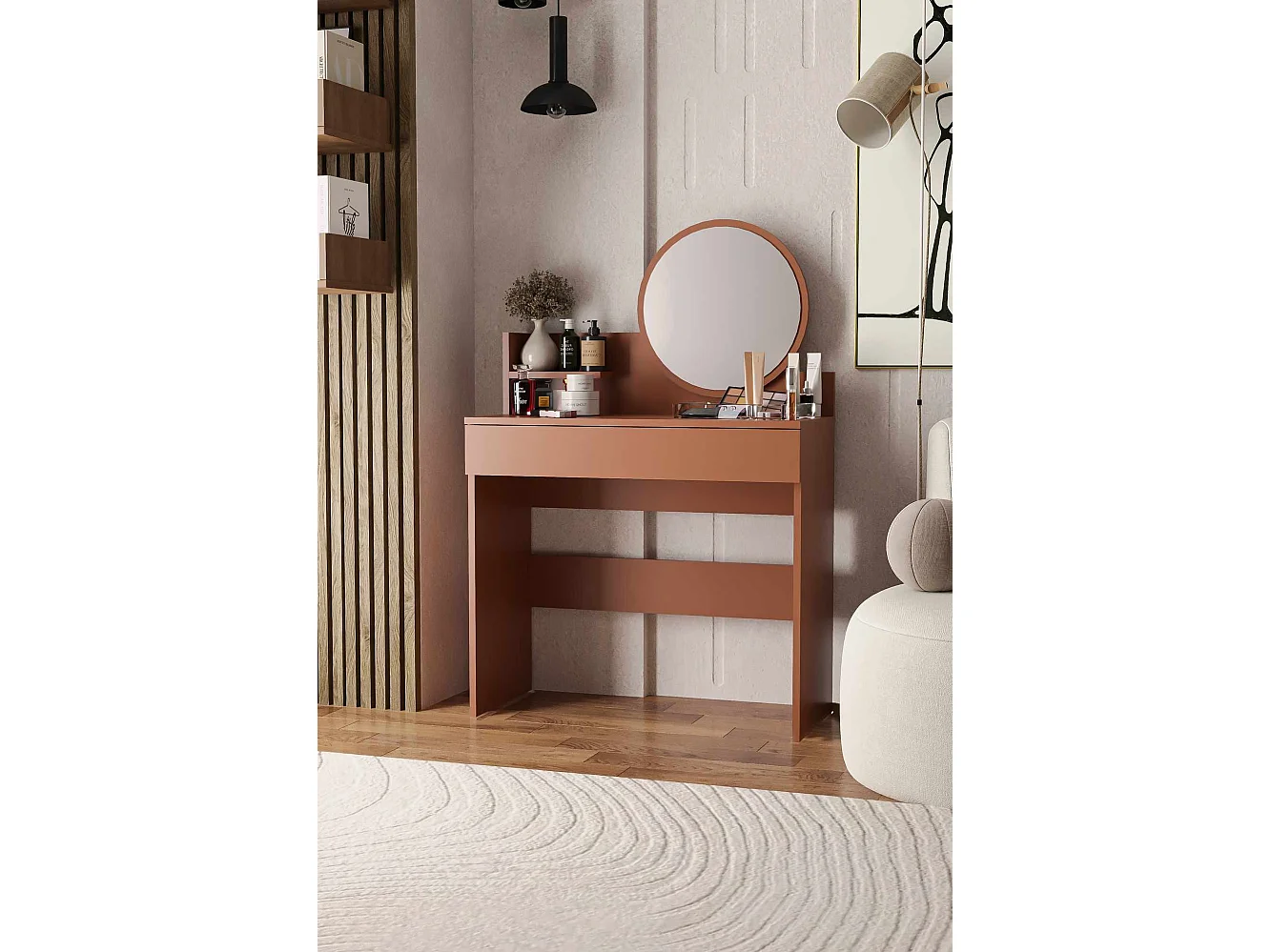 Schminktisch aus terrakottafarbenem Holz "Harmony Mini Round" mit Spiegel, Schublade mit 6 Fächern, Regal – 90x40x133 cm