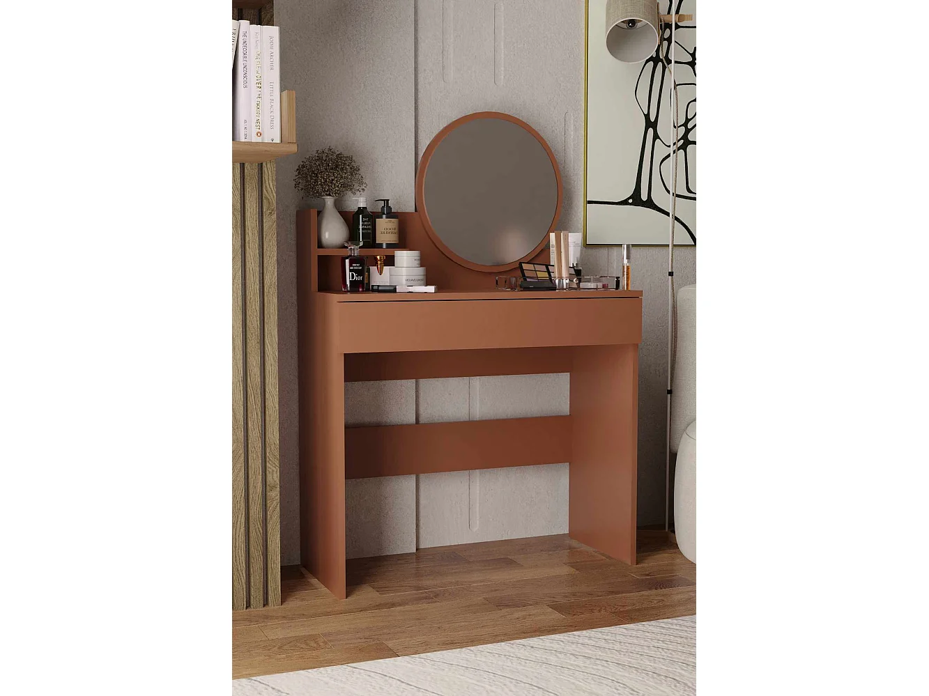 Schminktisch aus terrakottafarbenem Holz "Harmony Mini Round" mit Spiegel, Schublade mit 6 Fächern, Regal – 90x40x133 cm