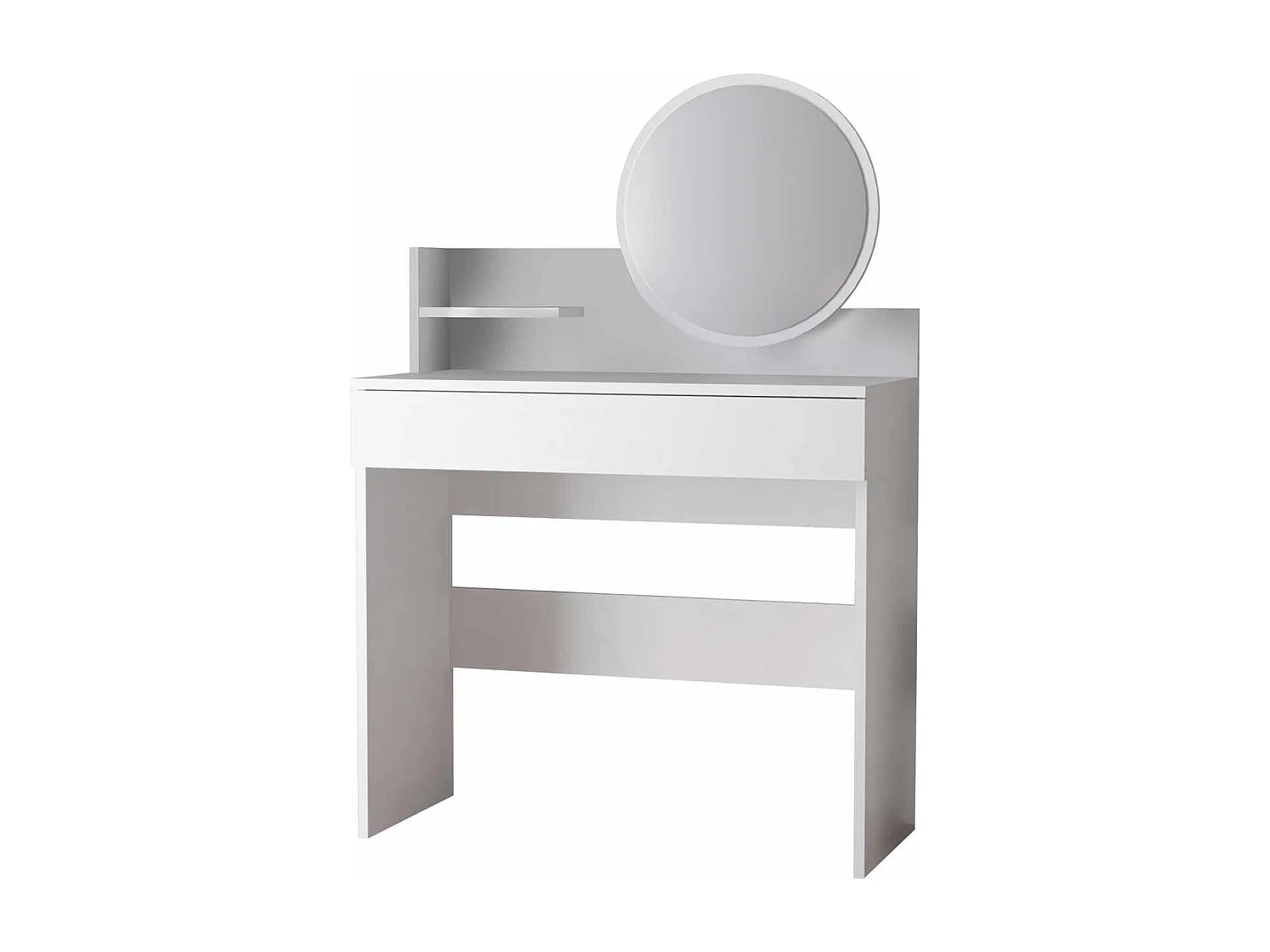 Weiße Holzfrisiertisch "Harmony Mini Round" mit Spiegel, Schublade mit 6 Fächern und Ablage – 90x40x133 cm