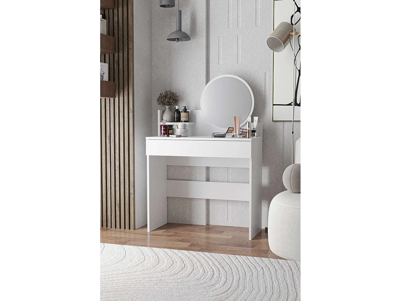 Weiße Holzfrisiertisch "Harmony Mini Round" mit Spiegel, Schublade mit 6 Fächern und Ablage – 90x40x133 cm