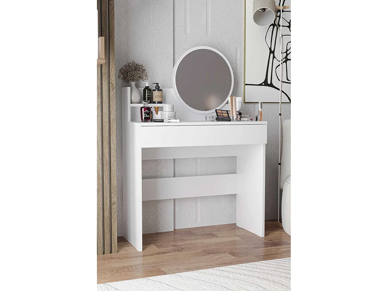 Weiße Holzfrisiertisch "Harmony Mini Round" mit Spiegel, Schublade mit 6 Fächern und Ablage – 90x40x133 cm