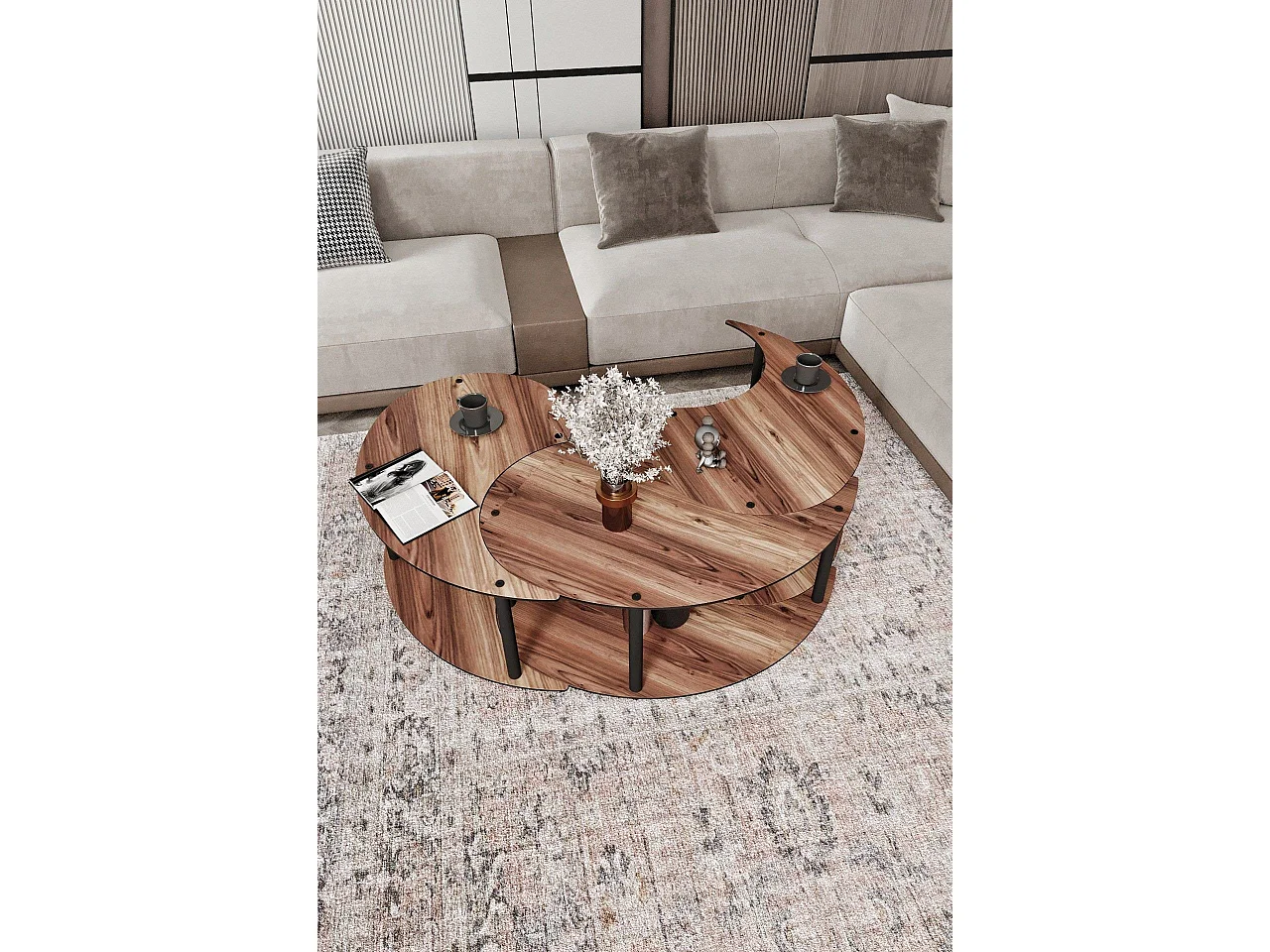 Couchtisch-Set aus Holz "Yin" 70 x 70 x 38 cm - Walnussholz