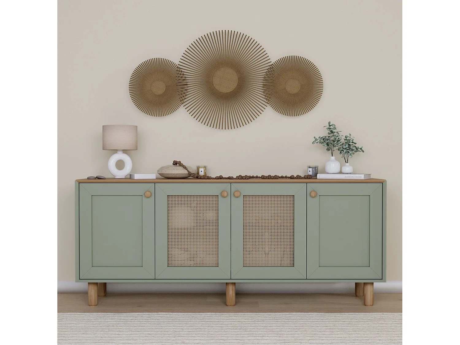 Buffet en bois et cannage "Bohemian" - 180 x 40 x 75 cm - Vert