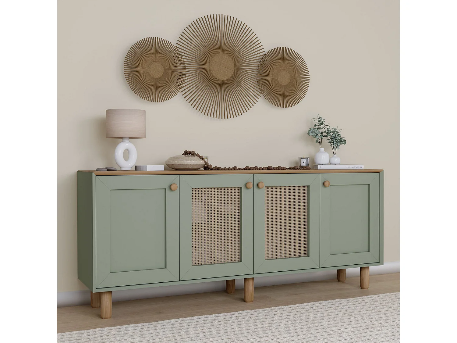 Buffet en bois et cannage "Bohemian" - 180 x 40 x 75 cm - Vert