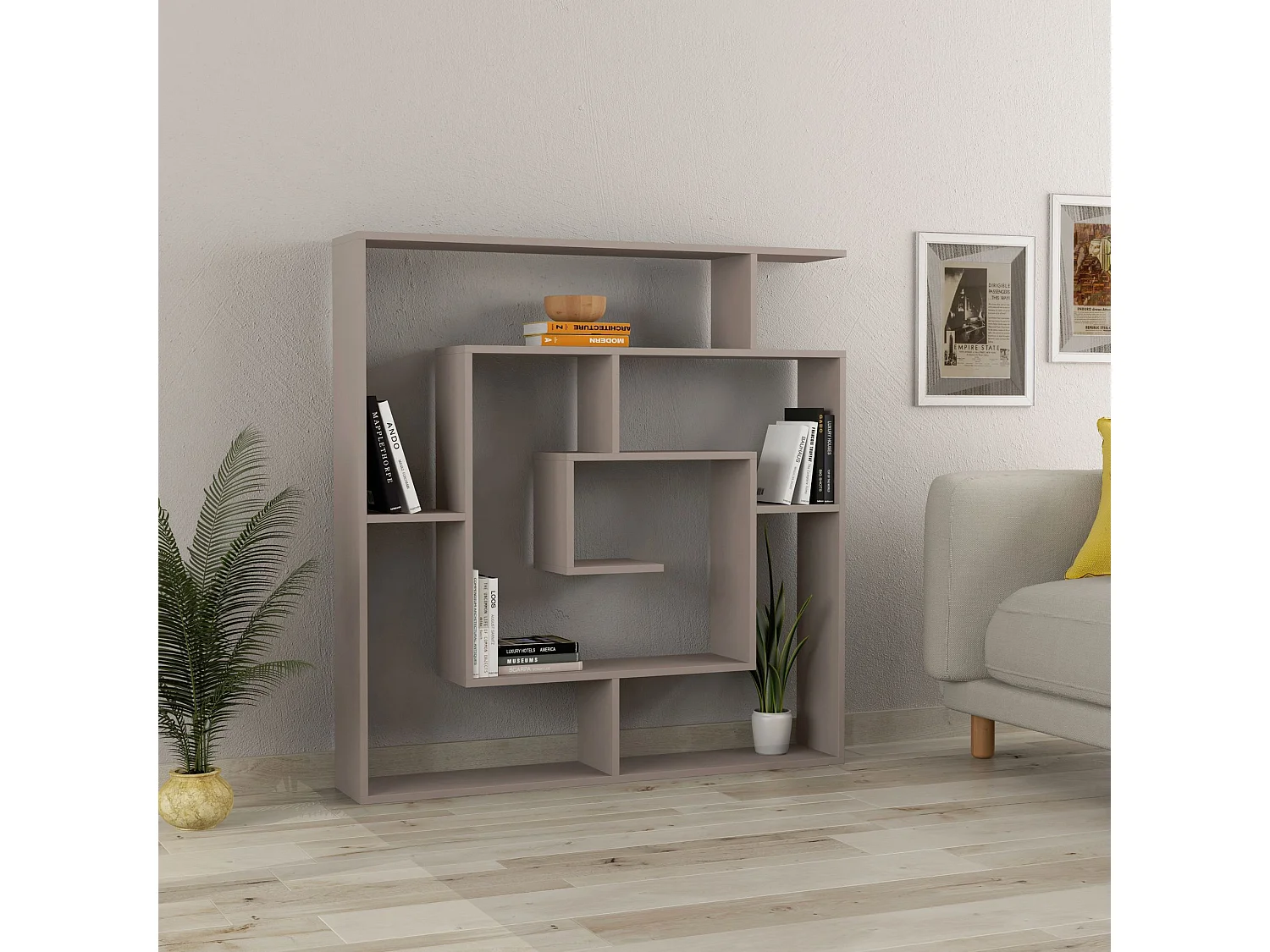 Moderne Houten Boekenkast "Labirent" - 125 x 22 x 129 cm - Licht Mokka Afwerking
