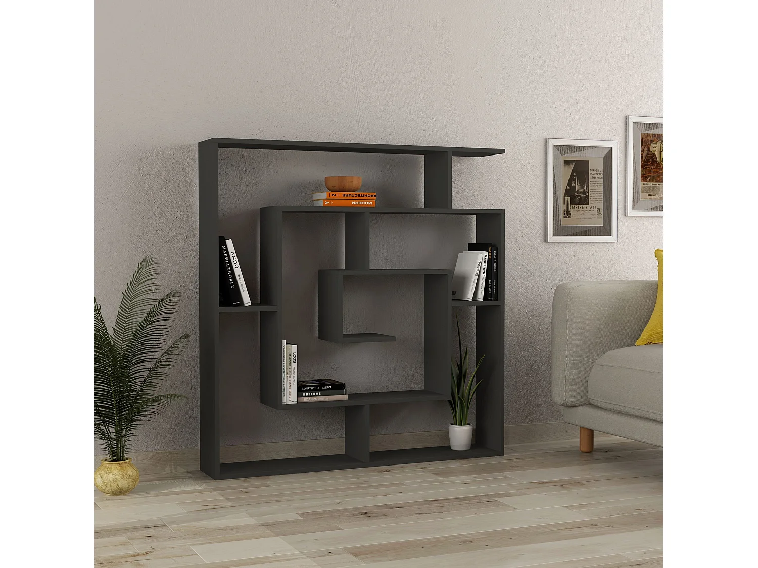 Moderne houten boekenkast "Labirent" - 125 x 22 x 129 cm - Antraciet Grijs