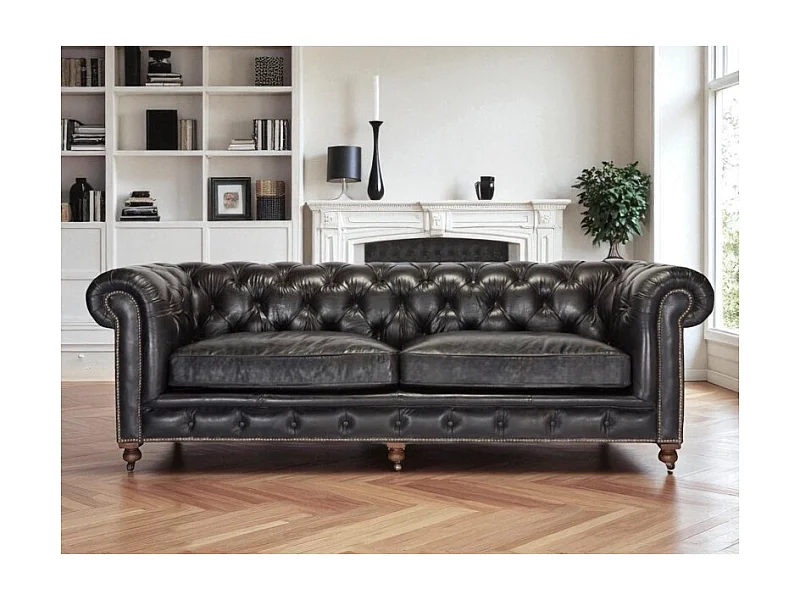 Divano Chesterfield in pelle pieno fiore nera vintage – Collezione The First