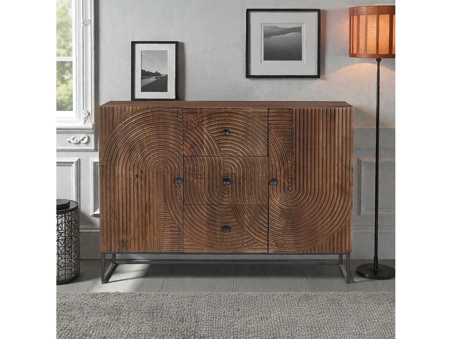 Commode large sculptée en bois massif de manguier – Collection Kiran