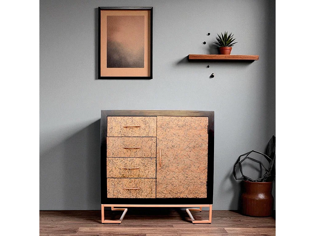Commode en bois massif et métal cuivré style vintage – Collection Jaipur