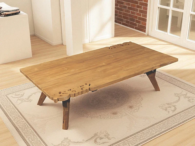 Couchtisch aus recyceltem Teakholz mit floralen Schnitzereien – Kollektion Flores