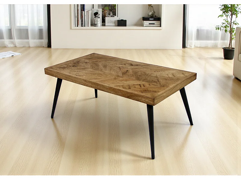 Couchtisch aus Mangoholz im Parkett-Design und Metall – Modell Jodhpur