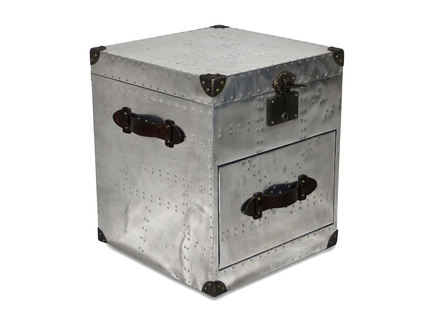 Truhe aus Aluminium und braunem Vintage-Leder – Modell Aviator