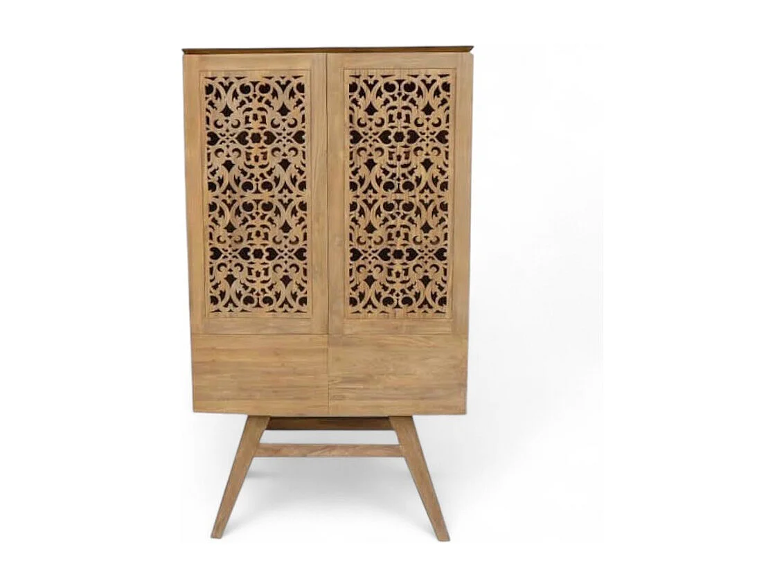 Hoher Schrank aus geschnitztem, recyceltem Teakholz – Kollektion Flores