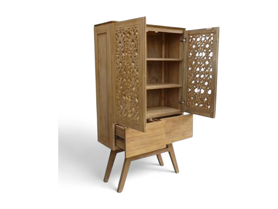 Hoher Schrank aus geschnitztem, recyceltem Teakholz – Kollektion Flores