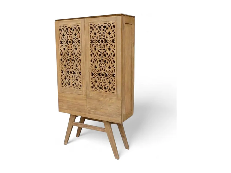 Hoher Schrank aus geschnitztem, recyceltem Teakholz – Kollektion Flores