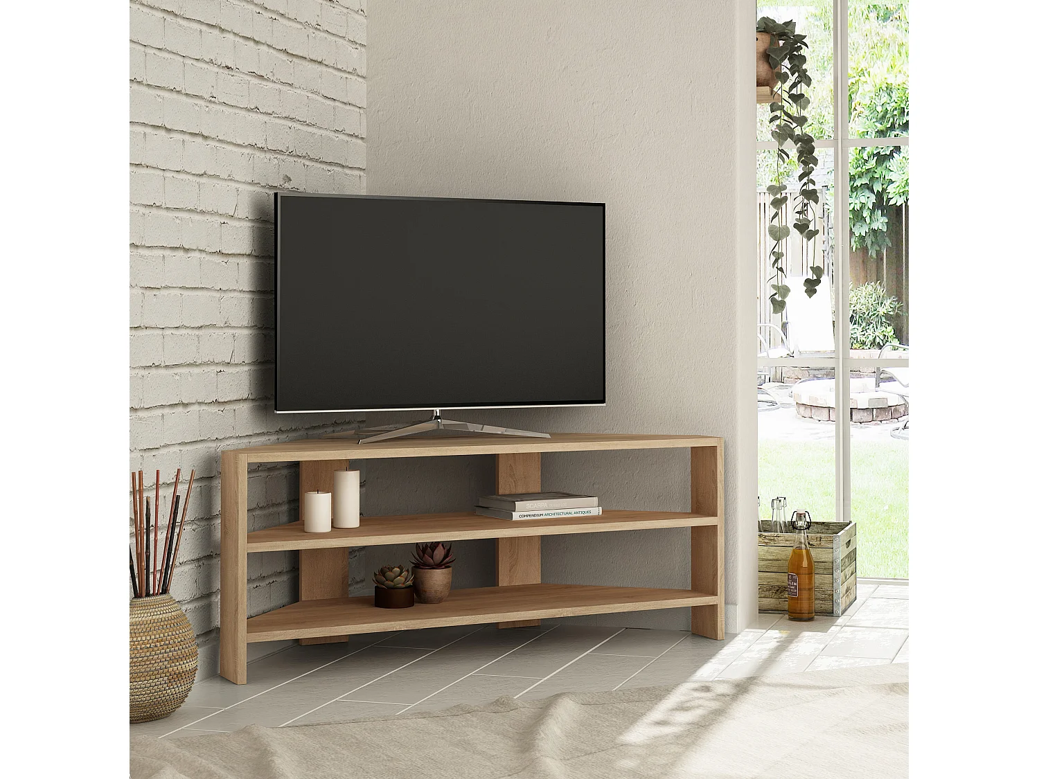 Meuble TV d'angle en bois "Thales" - 114 x 36 x 45 cm - Beige