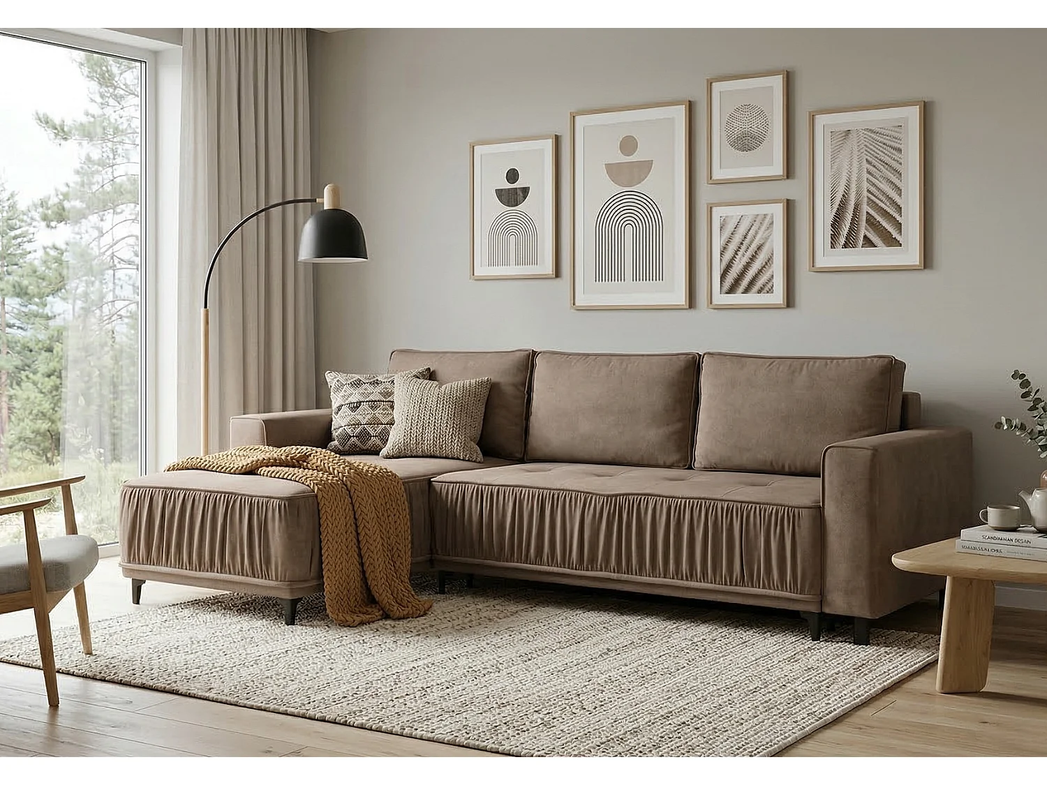 Elegantes Ecksofa links mit Schlaffunktion VIKI 238x143cm, Stoff MONOLITH 15 braun
