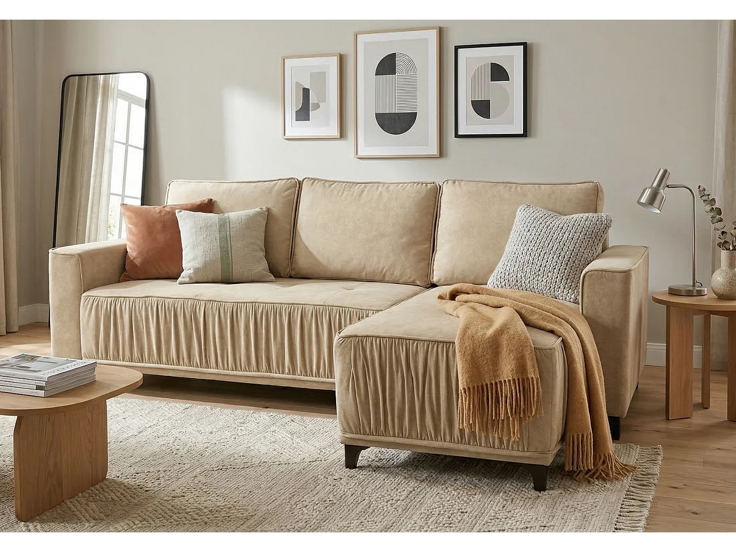 Elegantes Ecksofa rechts mit Schlaffunktion VIKI 238x143 cm, in cremefarbenem Stoff MONOLITH 4