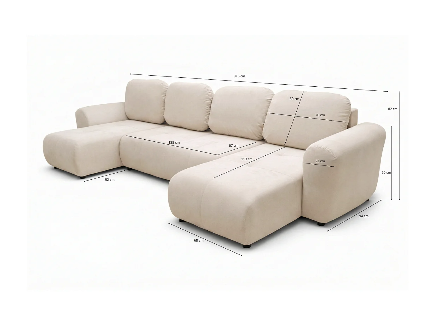 Stilvolles, ausziehbares Ecksofa BINGO U L 315x146 cm, in grauem Stoff KRONOS 34