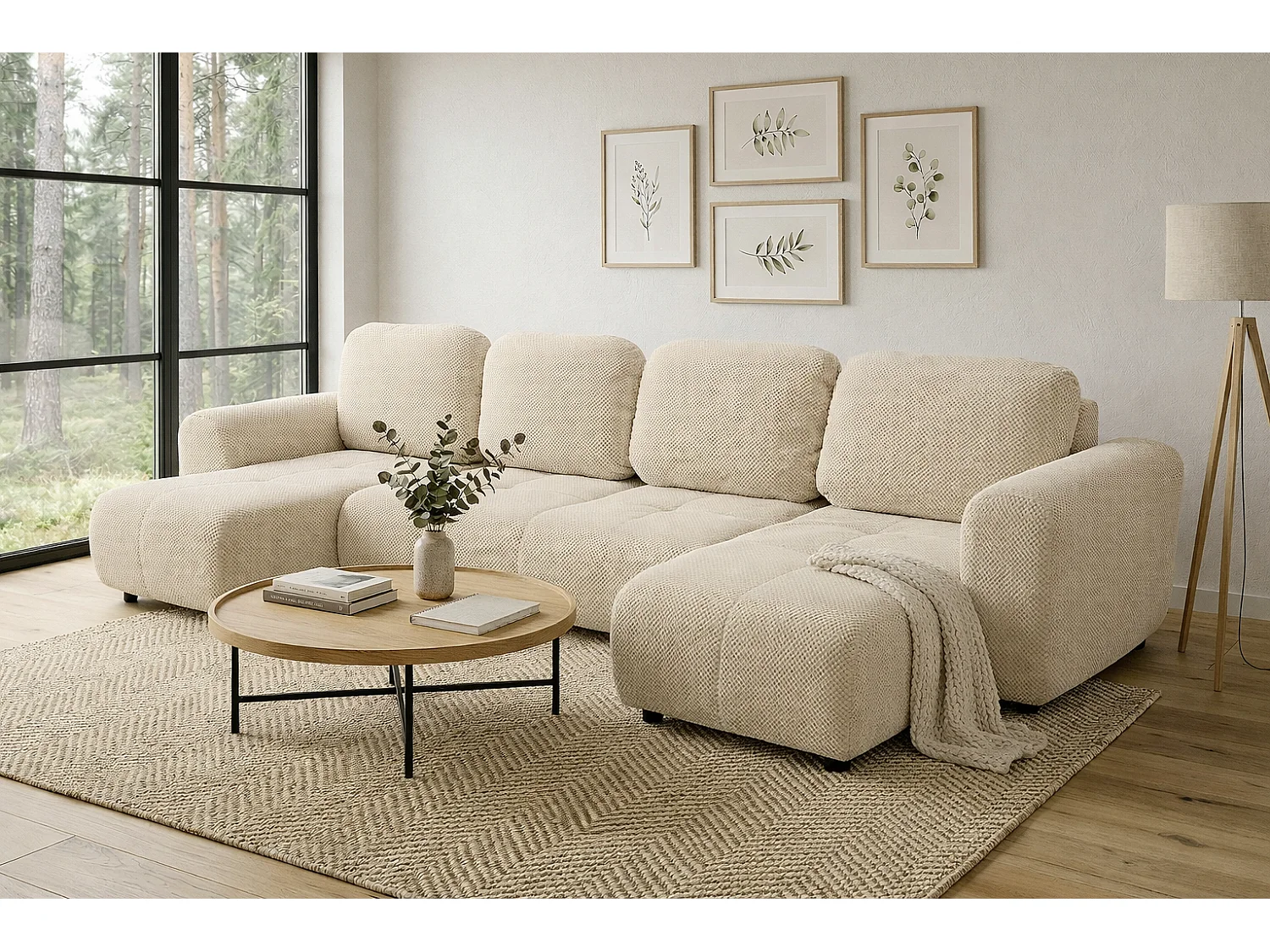 Stilvolles, ausziehbares Ecksofa BINGO U L 315x146 cm, in beigem Stoff POP 6