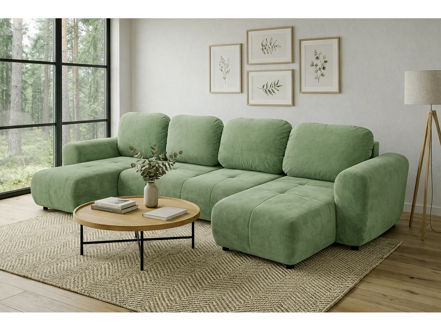 Stilvolles, ausziehbares Ecksofa BINGO U L 315x146 cm, in hellgrünem Stoff KRONOS 47