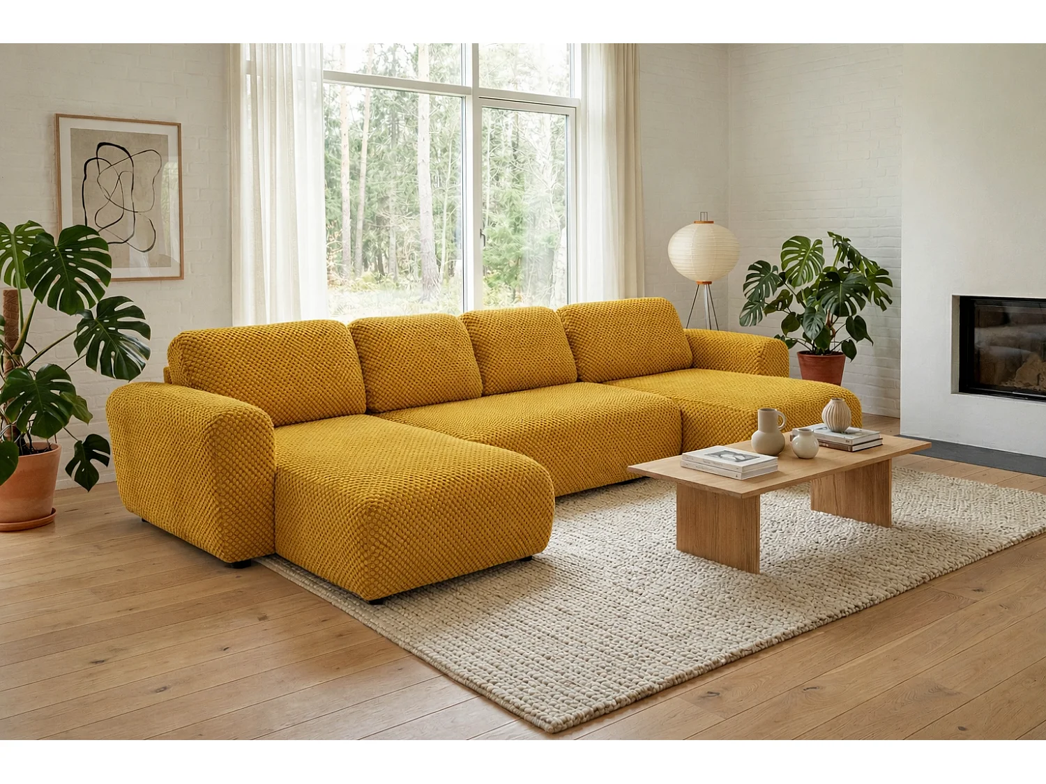 Stilvolles, ausziehbares Ecksofa BINGO U L 315x146 cm, in gelbem Stoff POP 7
